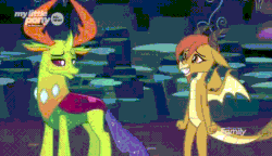 Size: 640x368 | Tagged: safe, imported from derpibooru, screencap, ocellus, thorax, changedling, changeling, uprooted, animated, cave of harmony, changeling king, changeling magic, cute, diaocelles, discovery family logo, disguise, disguised changeling, dragon ocellus, dragonellus, duo, gif, king thorax, needs more jpeg, thorax is not amused