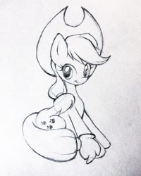 Size: 1024x1280 | Tagged: safe, artist:rubigo, imported from derpibooru, applejack, earth pony, pony, cowboy hat, cute, female, grayscale, hat, jackabetes, looking at you, mare, monochrome, pencil drawing, simple background, sitting, solo, traditional art, white background