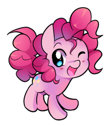 Size: 766x888 | Tagged: safe, artist:pekou, imported from derpibooru, pinkie pie, pony, blushing, chibi, cute, diapinkes, female, one eye closed, open mouth, simple background, solo, transparent background, wink