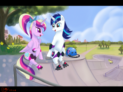 Size: 1867x1401 | Tagged: safe, artist:greenbrothersart, imported from derpibooru, princess cadance, shining armor, alicorn, pony, unicorn, background pony, cute, date, elbow pads, female, helmet, knee pads, looking at each other, male, roller skates, rollerblades, shiningcadance, shipping, sitting, skate park, straight, teen princess cadance, teen shining armor