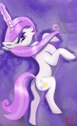Size: 2550x4200 | Tagged: safe, artist:greenbrothersart, imported from derpibooru, fleur-de-lis, pony, female, glowing horn, lidded eyes, looking at you, on side, open mouth, side, signature, smiling, solo