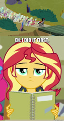 Size: 600x1139 | Tagged: safe, edit, edited screencap, imported from derpibooru, screencap, king sombra, sunset shimmer, equestria girls, equestria girls series, the beginning of the end, the finals countdown, caption, image macro, memeful.com, sunset shimmer is not amused, text, unamused