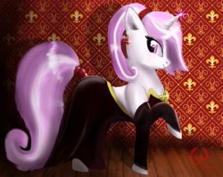 Size: 2316x1839 | Tagged: safe, artist:greenbrothersart, imported from derpibooru, fleur-de-lis, pony, black dress, clothes, dress, ear piercing, earring, female, jewelry, piercing, ponytail, profile, raised hoof, signature, smiling, solo, tail wrap, teenager, younger