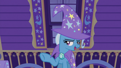 Size: 1280x720 | Tagged: safe, imported from derpibooru, screencap, trixie, pony, unicorn, uncommon bond, female, lidded eyes, mare, open mouth, solo, trixie's wagon
