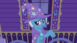Size: 1280x720 | Tagged: safe, imported from derpibooru, screencap, trixie, pony, unicorn, uncommon bond, cape, clothes, cute, diatrixes, female, hat, mare, open mouth, raised hoof, solo, trixie's cape, trixie's hat, trixie's wagon