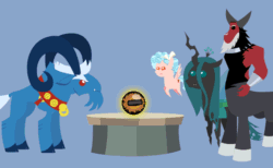 Size: 650x400 | Tagged: safe, artist:agrol, imported from derpibooru, cozy glow, grogar, king sombra, lord tirek, queen chrysalis, pegasus, pony, season 9, the beginning of the end, spoiler:s09, animated, blue background, crystal ball, female, filly, flying, grogar's orb, legion of doom, male, pointy ponies, simple background