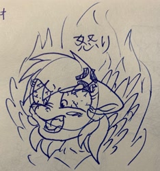 Size: 2781x2967 | Tagged: safe, artist:rainbow eevee, imported from derpibooru, rainbow dash, pegasus, pony, angry, bloodshot eyes, bust, cross-popping veins, female, fire, ink, lineart, rage, solo, spread wings, traditional art, wingboner, wings