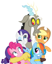 Size: 7326x9000 | Tagged: safe, artist:korsoo, imported from derpibooru, applejack, discord, pinkie pie, rainbow dash, rarity, draconequus, earth pony, pegasus, pony, unicorn, .svg available, female, frown, group hug, hug, male, mare, one eye closed, simple background, smiling, transparent background, vector, wide eyes