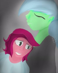 Size: 2160x2694 | Tagged: safe, artist:artisticfangirl7, imported from derpibooru, gloriosa daisy, oc, oc:green heart, equestria girls, legend of everfree, alternate hairstyle, detailed, digital painting, green skin, painting, vitiligo, watermark