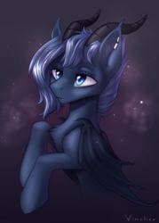 Size: 1658x2318 | Tagged: safe, artist:vincher, imported from derpibooru, oc, oc only, oc:redian, bat pony, pony, horns, solo