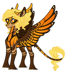 Size: 1500x1650 | Tagged: safe, artist:australian-senior, imported from derpibooru, oc, oc only, oc:delly invictus, alicorn, kirin, pegasus, pony, winged kirin, kirindos, alternate universe, antlers, colored hooves, colored sclera, leonine tail, long feather, orange eyes, solo, unshorn fetlocks