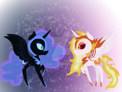 Size: 1024x768 | Tagged: safe, artist:bat-blood, imported from derpibooru, daybreaker, nightmare moon, alicorn, chibi, deviantart watermark, face to face, female, mare, obtrusive watermark, watermark