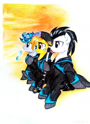 Size: 1245x1715 | Tagged: safe, artist:liaaqila, imported from derpibooru, oc, oc:cinder sun, oc:eli, oc:locust, pegasus, pony, unicorn, commission, cultist, disney, food, ice cream, keyblade, kingdom hearts, kingdom hearts 358/2 days, robes, sea salt ice cream, sunset, sword, traditional art, weapon