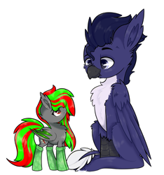 Size: 1024x1092 | Tagged: safe, artist:ezzerie, imported from derpibooru, oc, oc:azure, oc:willow, bat pony, griffon, clothes, colored, commission, digital, duo, fluffy, shading, size difference, socks