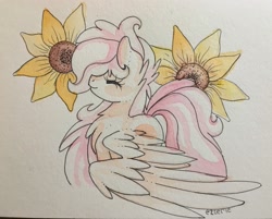 Size: 3695x2971 | Tagged: safe, artist:ezzerie, imported from derpibooru, oc, oc:wakeup call, pegasus, pony, flower, fluffy, halfbody, solo, spring, sunflower, traditional art, watercolor painting, wings