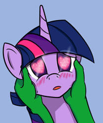 Size: 1600x1912 | Tagged: safe, artist:yukkuripalehorse, imported from derpibooru, twilight sparkle, oc, oc:anon, pony, blushing, heart eyes, holding head, looking at you, wingding eyes