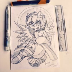 Size: 2048x2048 | Tagged: safe, artist:canvymamamoo, imported from derpibooru, oc, oc only, oc:echy, pegasus, pony, clothes, collar, female, lineart, socks, solo, striped socks, traditional art