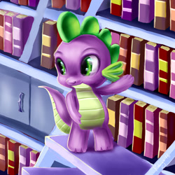 Size: 900x900 | Tagged: safe, artist:rubigo, imported from derpibooru, spike, dragon, ladder, library, male, solo, twilight's canterlot home