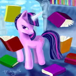 Size: 900x900 | Tagged: safe, artist:rubigo, imported from derpibooru, twilight sparkle, pony, unicorn, friendship is magic, book, canterlot, female, glowing horn, library, lidded eyes, magic, mare, solo, telekinesis, twilight's canterlot home, unicorn twilight