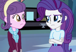 Size: 1400x963 | Tagged: safe, artist:bigpurplemuppet99, artist:iamsheila, artist:lyricgemva, imported from derpibooru, rarity, suri polomare, equestria girls, belt, clothes, crossed arms, crystal prep academy uniform, female, headband, lesbian, school uniform, shipping, skirt, surity