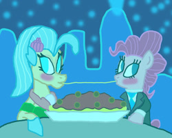 Size: 1300x1040 | Tagged: safe, artist:bigpurplemuppet99, imported from derpibooru, pinkie pie, princess skystar, pony, seapony (g4), blushing, clothes, date, dress, duo, female, food, lesbian, pasta, seaponified, seapony pinkie pie, shipping, skypie, spaghetti, spaghetti scene, species swap, suit, underwater