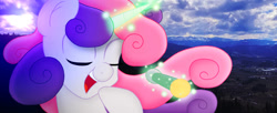 Size: 1398x571 | Tagged: safe, artist:thunder-artist, deleted from derpibooru, imported from derpibooru, sweetie belle, pony, beautiful, cloud, cute, diasweetes, elegant, eyes closed, irl, live action, microphone, open mouth, photo, singing