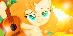 Size: 1272x628 | Tagged: safe, artist:thunder-artist, deleted from derpibooru, imported from derpibooru, pear butter, pony, autumn, base used, bedroom eyes, cute, forest, green eyes, guitar, looking at you, pearabetes, smiling, sunlight