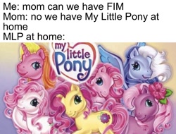 Size: 1104x841 | Tagged: safe, imported from derpibooru, desert rose, rarity, rarity (g3), royal bouquet, silver glow, tulip twinkle, wysteria, earth pony, pegasus, pony, unicorn, caption, dank memes, g3, meme, my little pony
