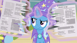 Size: 1280x720 | Tagged: safe, imported from derpibooru, screencap, trixie, pony, uncommon bond, female, levitation, magic, mare, newspaper, solo, tearing, telekinesis