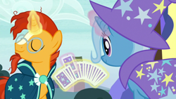 Size: 1280x720 | Tagged: safe, imported from derpibooru, screencap, sunburst, trixie, pony, uncommon bond, card, card trick, duo, eyes closed, female, levitation, magic, magic aura, magic trick, male, mare, playing card, stallion, telekinesis