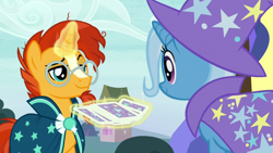 Size: 1280x720 | Tagged: safe, imported from derpibooru, screencap, sunburst, trixie, pony, uncommon bond, card, card trick, duo, female, glasses, levitation, magic, magic aura, magic trick, male, mare, playing card, stallion, telekinesis