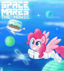 Size: 4500x5000 | Tagged: safe, artist:theretroart88, imported from derpibooru, pinkie pie, pegasus, pony, equestria daily, absurd resolution, april fools, april fools 2019, astronaut, astronaut pinkie, cake, clothes, dessert, female, flying, food, g5, g5 concept leaks, mare, movie accurate, pegasus pinkie pie, pinkie pie (g5 concept leak), pinkie pie (g5), planet, race swap, smiling, space, space mares, spacesuit, stars
