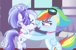Size: 908x598 | Tagged: safe, artist:6-fingers-lover, imported from derpibooru, rainbow dash, oc, oc:smooth blue, pony, base used, female, goggles, magical lesbian spawn, mother and daughter, offspring, parent:rainbow dash, parent:twilight sparkle, parents:twidash
