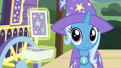 Size: 1280x720 | Tagged: safe, imported from derpibooru, screencap, trixie, pony, unicorn, uncommon bond, cape, card, card trick, clothes, cute, deck of cards, diatrixes, female, hat, implied sunburst, levitation, magic, magic trick, mare, offscreen character, playing card, solo, telekinesis, trixie's cape, trixie's hat