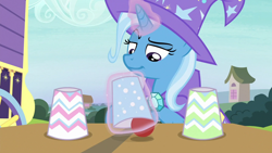 Size: 1280x720 | Tagged: safe, imported from derpibooru, screencap, trixie, pony, uncommon bond, ball, cup, female, levitation, magic, magic trick, mare, palindrome get, smiling, smirk, solo, telekinesis