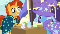 Size: 1280x720 | Tagged: safe, imported from derpibooru, screencap, sunburst, trixie, pony, unicorn, uncommon bond, clothes, cup, trixie's wagon