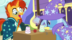 Size: 1280x720 | Tagged: safe, imported from derpibooru, screencap, sunburst, trixie, pony, uncommon bond, ball, clothes, cup, duo, female, levitation, magic, magic aura, male, mare, stallion, telekinesis, trixie's wagon