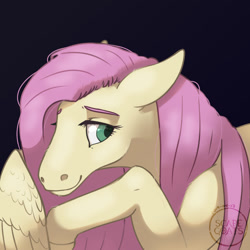 Size: 1280x1280 | Tagged: safe, artist:scape-goats, imported from derpibooru, fluttershy, horse, pegasus, pony, black background, bust, cute, female, floppy ears, hoers, looking away, looking sideways, mare, portrait, raised hoof, shyabetes, simple background, smiling, solo, three quarter view, wings