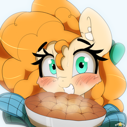 Size: 2222x2222 | Tagged: safe, artist:n0nnny, imported from derpibooru, pear butter, earth pony, pony, blushing, bow, cute, female, food, green eyes, looking at you, mare, pearabetes, pie, simple background, smiling, solo, sweat, white background