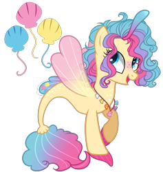 Size: 2750x2900 | Tagged: safe, artist:gihhbloonde, imported from derpibooru, oc, oc only, oc:princess aqua pink, hybrid, seapony (g4), icey-verse, blushing, female, fin wings, freckles, interspecies offspring, jewelry, magical lesbian spawn, mare, necklace, next generation, offspring, parent:pinkie pie, parent:princess skystar, parents:skypie, raised hoof, seashell, seashell necklace, simple background, solo, transparent background