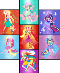 Size: 5159x6229 | Tagged: safe, artist:sparkling-sunset-s08, imported from derpibooru, applejack, fluttershy, pinkie pie, rainbow dash, rarity, sunset shimmer, twilight sparkle, alicorn, equestria girls, bracelet, clothes, colored wings, crown, cutie mark, cutie mark background, fiery wings, gradient clothes, gradient wings, humane five, humane seven, humane six, jewelry, multicolored wings, phoenix wings, ponied up, pony ears, rainbow hair, rainbow power, rainbow power-ified, rainbow tail, rainbow wings, regalia, shoes, sunset phoenix, super ponied up, transformation, twilight sparkle (alicorn), winged humanization, wings