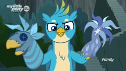 Size: 1920x1080 | Tagged: safe, imported from derpibooru, screencap, gallus, tree of harmony, griffon, uprooted, adorabolical, cute, evil grin, gallabetes, griffon teeth, grin, hand puppet, male, smiling, sock puppet, solo