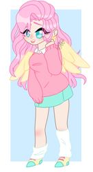 Size: 696x1280 | Tagged: safe, artist:crazykittychan02, imported from derpibooru, fluttershy, human, abstract background, clothes, colored pupils, cute, ear piercing, earring, eye clipping through hair, female, humanized, jewelry, leg warmers, miniskirt, open mouth, piercing, pleated skirt, shoes, shyabetes, skirt, socks, solo, sweater, sweatershy, winged humanization, wings