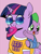 Size: 852x1136 | Tagged: safe, artist:mamatwilightsparkle, imported from derpibooru, spike, twilight sparkle, dragon, pony, unicorn, baby, baby dragon, baby spike, bubblegum, clothes, cute, dragons riding ponies, duo, food, gum, mama twilight, open mouth, riding, shirt, spikabetes, spike riding twilight, sunglasses, twiabetes, unicorn twilight