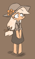 Size: 1119x1875 | Tagged: safe, artist:typhwosion, imported from derpibooru, applejack, semi-anthro, bipedal, brown background, clothes, cute, dress, female, flower, hat, jackabetes, simple background, solo