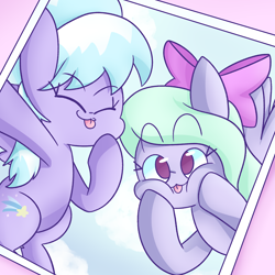 Size: 1280x1280 | Tagged: safe, artist:typhwosion, imported from derpibooru, cloudchaser, flitter, pegasus, pony, :3, :p, cheek squish, cute, cutechaser, duo, eyes closed, female, flitterbetes, no pupils, photo, silly, sisters, squishy cheeks, tongue out