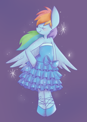 Size: 981x1367 | Tagged: safe, artist:typhwosion, imported from derpibooru, rainbow dash, semi-anthro, bare shoulders, bipedal, blue, bow, clothes, cute, dashabetes, dress, eyes closed, fabulous, female, purple background, rainbow dash always dresses in style, simple background, solo, sparkles, strapless