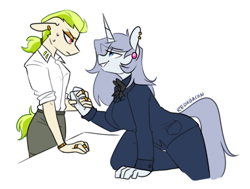 Size: 589x446 | Tagged: safe, artist:redxbacon, imported from derpibooru, oc, oc only, oc:golden keylime, oc:platinum decree, anthro, earth pony, unicorn, business suit, businessmare, clothes, ear piercing, earring, female, handshake, jewelry, looking at each other, mare, piercing, suit