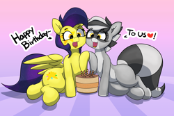 Size: 2866x1916 | Tagged: safe, artist:pabbley, imported from derpibooru, oc, oc:bandy cyoot, oc:mixi creamstar, pony, birthday, cake, food, pale belly, tiramisu