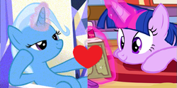 Size: 505x250 | Tagged: safe, edit, edited screencap, imported from derpibooru, screencap, trixie, twilight sparkle, alicorn, pony, all bottled up, pinkie apple pie, book, cropped, female, heart, lesbian, shipping, shipping domino, twilight sparkle (alicorn), twixie